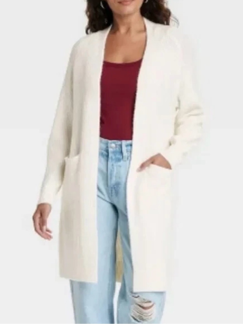 Universal Thread Cream Ivory Open-Front Long Cardigan with Pockets